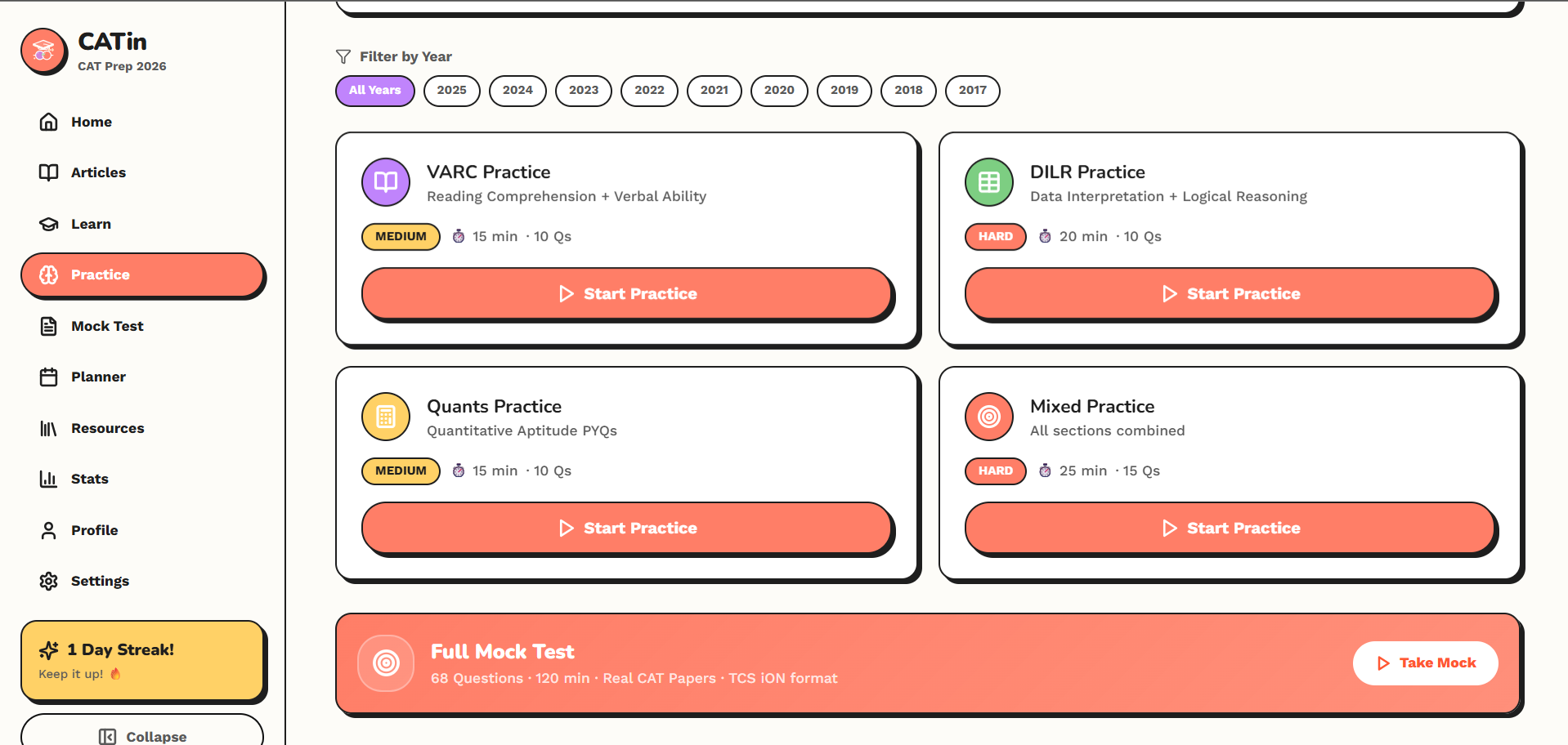 CATin Practice — section-wise PYQ practice